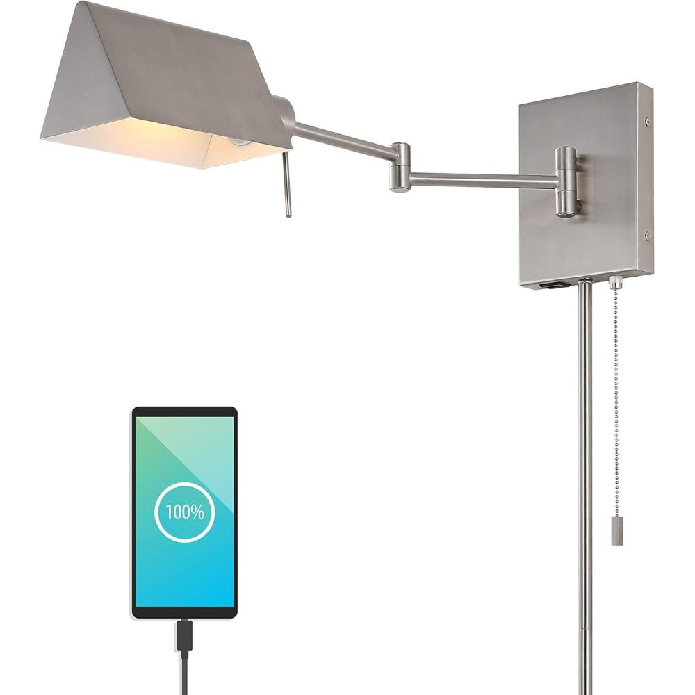 imageJONATHAN Y JYL6015A Arlo 22quot 1Light Single Swing Arm PluginHardwired Iron LED Wall Sconce PullChain USB Charging Port Traditional Farmhouse Modern for Bedroom Living Room Oil Rubbed BronzeNickel