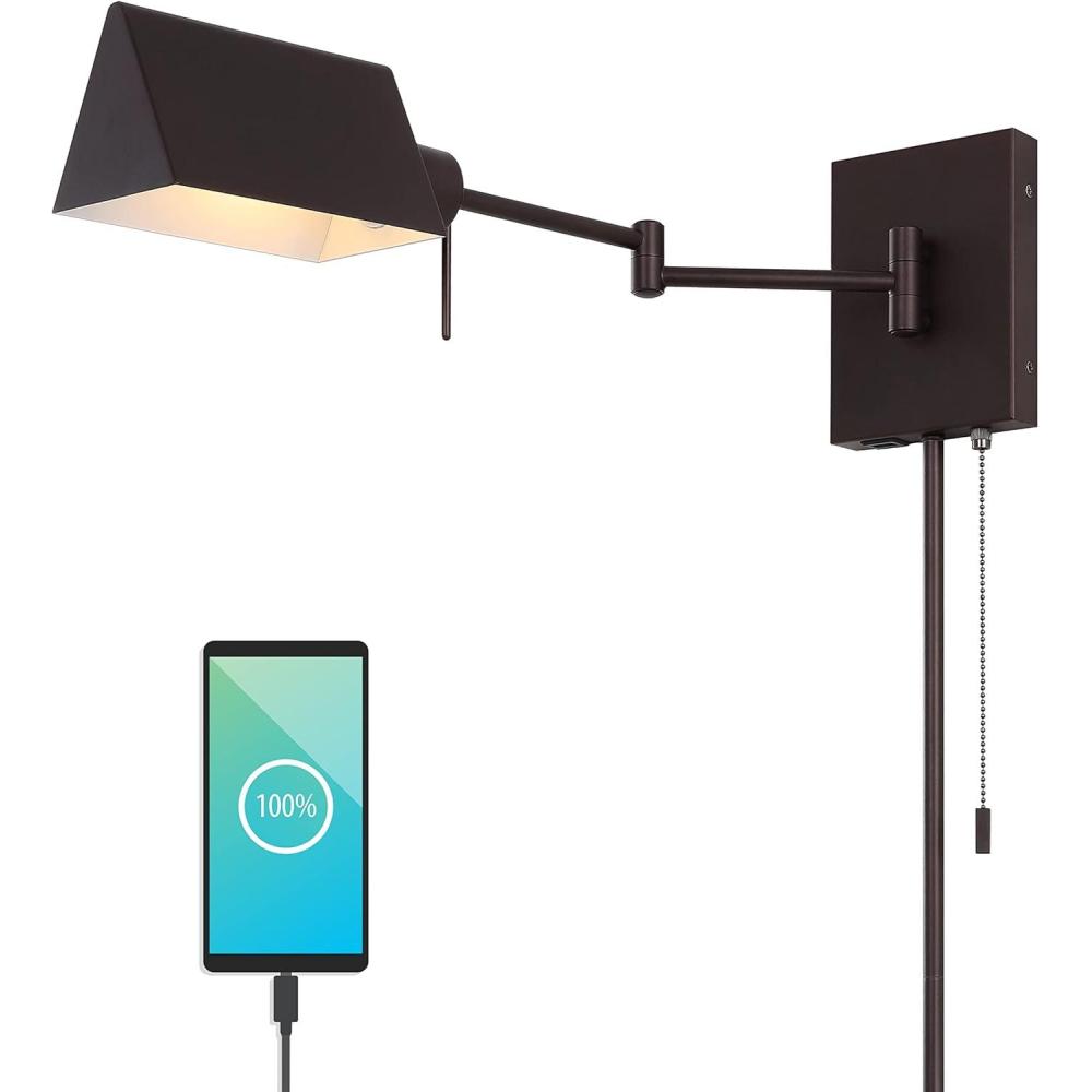 imageJONATHAN Y JYL6015A Arlo 22quot 1Light Single Swing Arm PluginHardwired Iron LED Wall Sconce PullChain USB Charging Port Traditional Farmhouse Modern for Bedroom Living Room Oil Rubbed BronzeOilRubbed Bronze