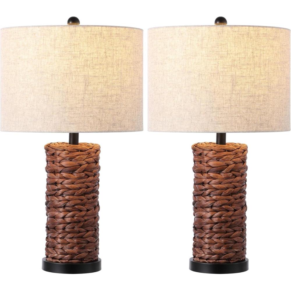 imageJONATHAN Y JYL6502BSET2 Elicia 25quot Coastal Water Hyacinth LED Table Lamp for Bedroom Living Room Office Dark Brown Set of 2Dark Brown