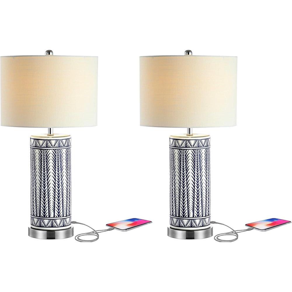 imageJONATHAN Y JYL6615ASET2 Set of 2 Table Lamps Sulka 27quot CeramicIron Contemporary USB Charging LED Table Lamp Bedside Desk Nightstand Lamp for Bedroom Living Room Office College Bookcase Navy