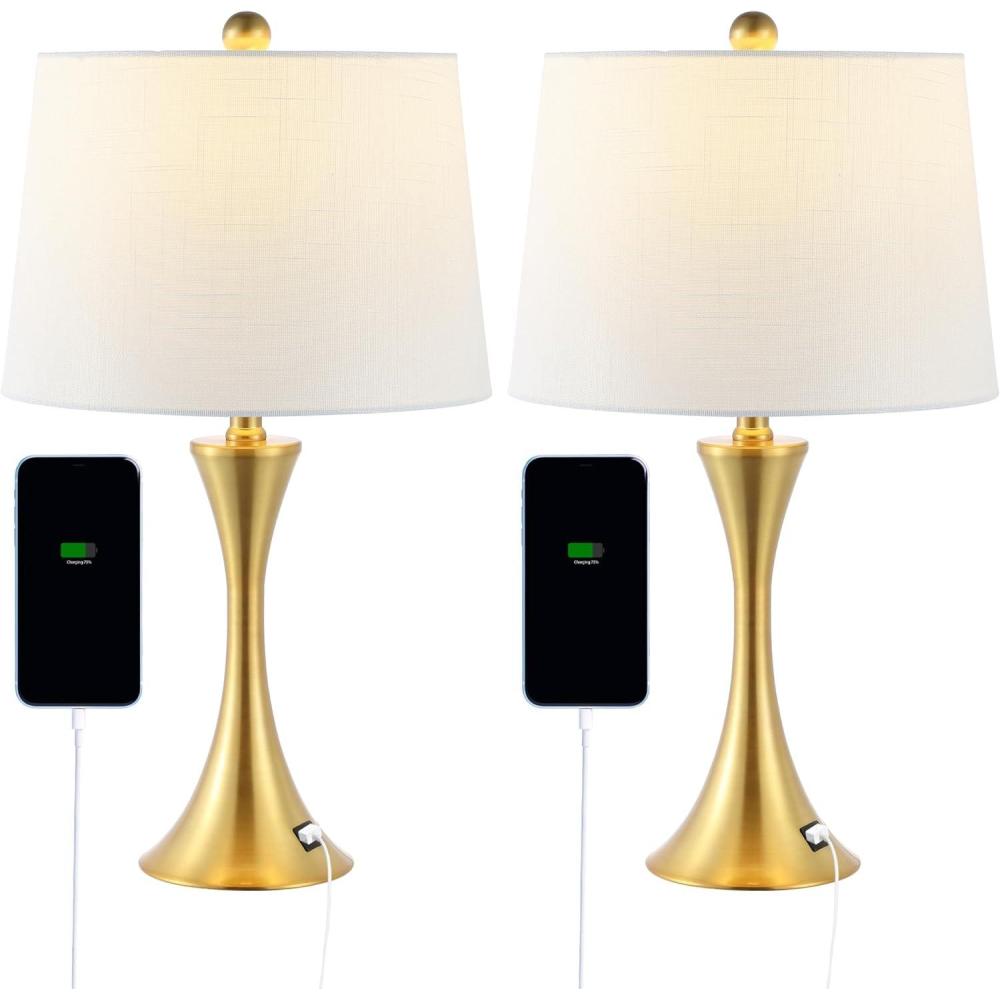 imageJONATHAN Y JYL6621BSET2 Bennett 2275quot Modern Glam Iron Hourglass LED Table Lamp with USB Charging Port Minimalist Designer Contemporary Office Living Room Dining Room Bedroom NickelBrass Gold