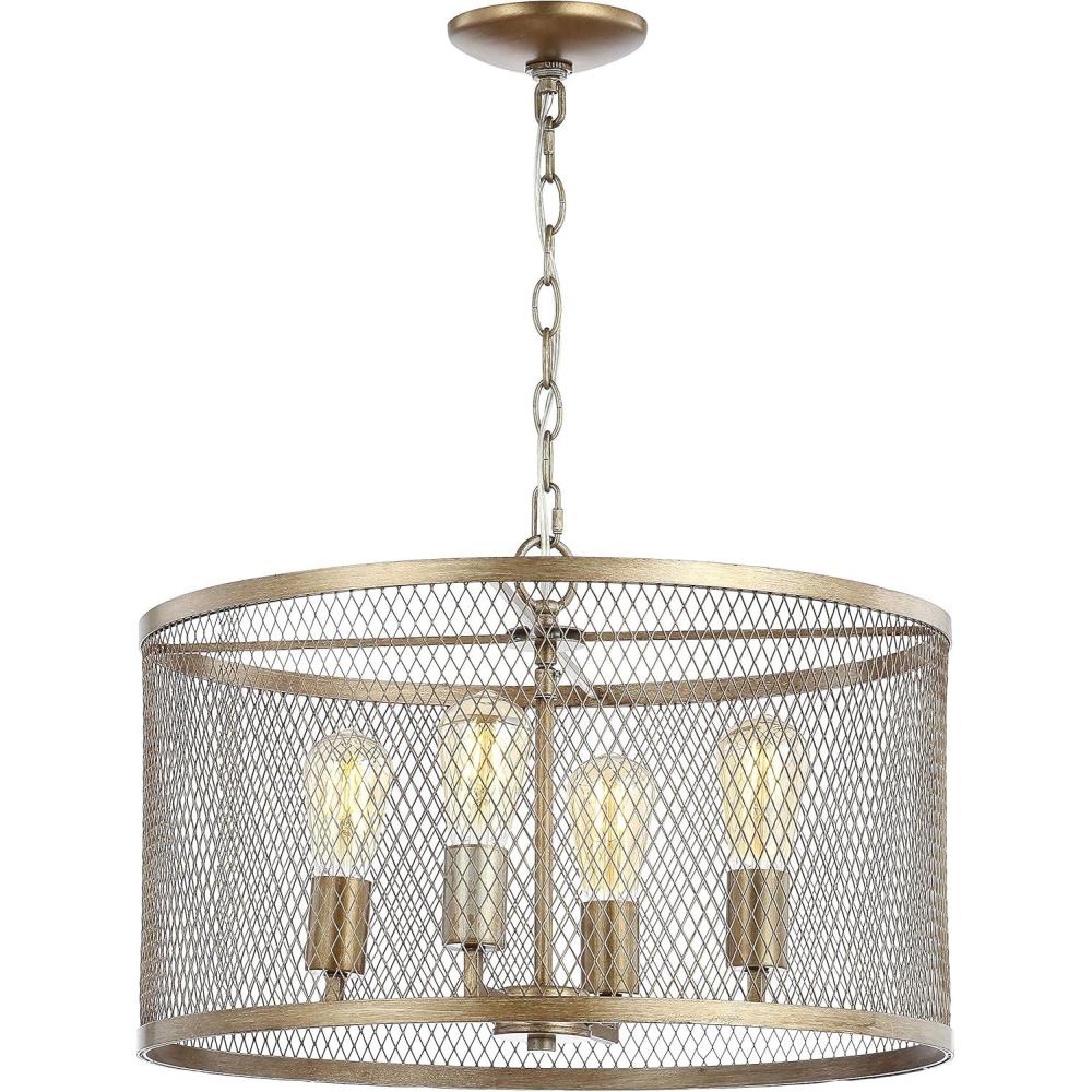 imageJONATHAN Y JYL6703A Pen 4Light 20quot Iron Adjustable Industrial Mesh Drum LED Chandelier Pendant Casual Cottage Farmhouse Dimmable Dining Room Living Room Kitchen Foyer Bedroom Hallway Antique Gold