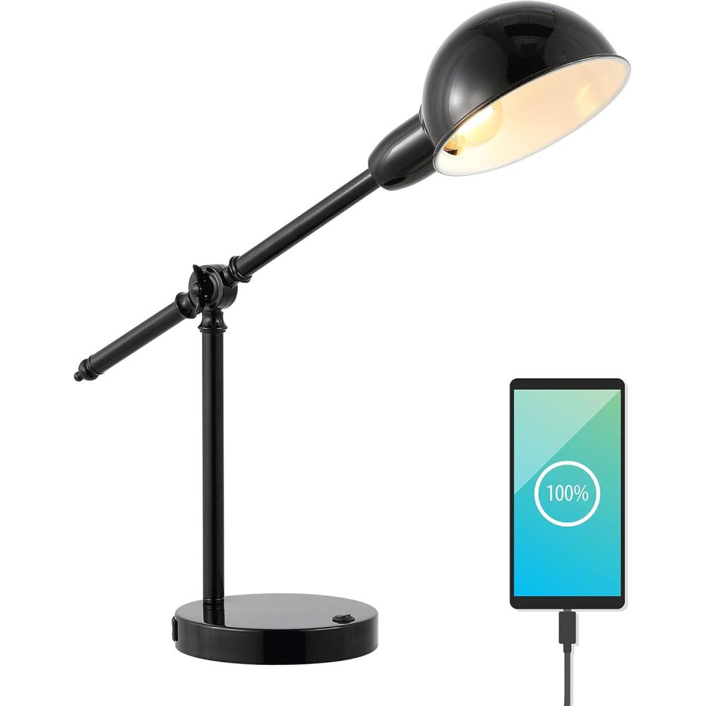imageJONATHAN Y JYL7123A Curtis 2025quot Iron Adjustable Dome Shade LED Task Lamp USB Charging Port Classic Coastal Industrial Vintage Farmhouse Traditional for Bedroom Living Room Office BlackBlack
