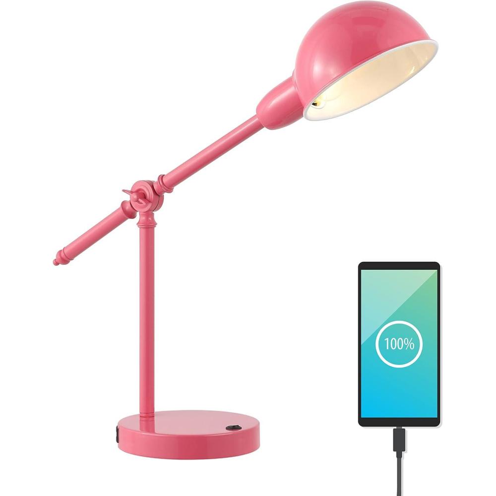 imageJONATHAN Y JYL7123A Curtis 2025quot Iron Adjustable Dome Shade LED Task Lamp USB Charging Port Classic Coastal Industrial Vintage Farmhouse Traditional for Bedroom Living Room Office BlackPink