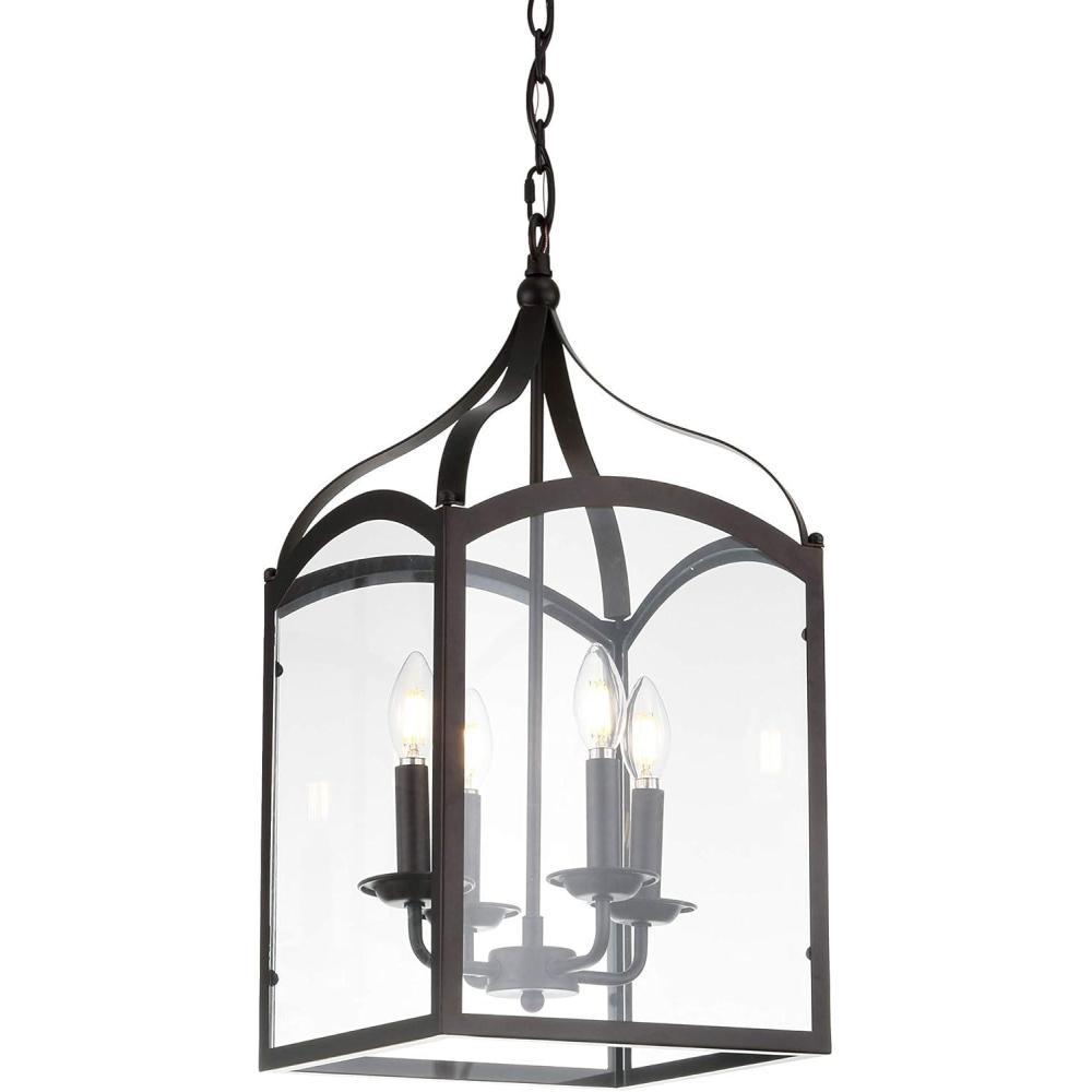 imageJONATHAN Y JYL7403C Ruth 11quot 4 Light Traditional Classic Lantern MetalGlass LED Pendant Modern Industrial Farmhouse Dining Room Living Room Kitchen Foyer Bedroom Hallway GoldOil Rubbed BronzeClear