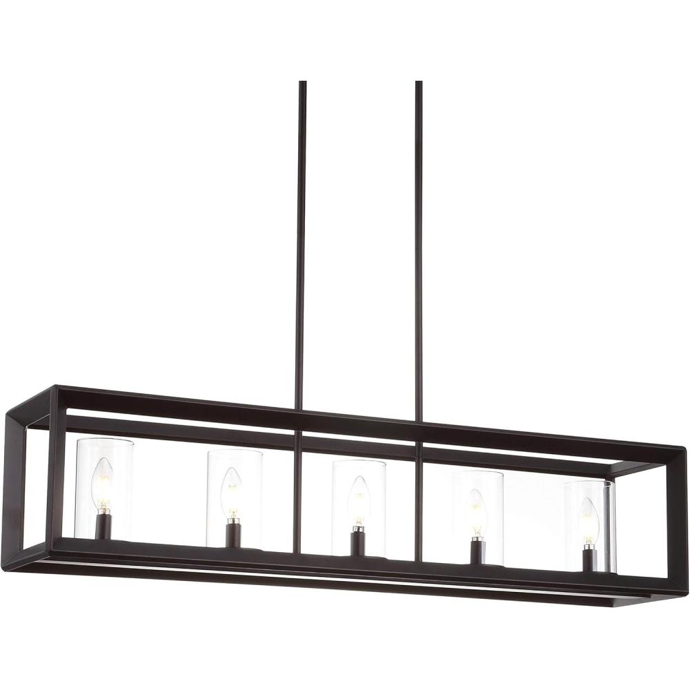 imageJONATHAN Y JYL7414A Anna 385quot Linear 5Light MetalGlass LED Pendant Contemporary Transitional Traditional Dimmable Dining Room Living Room Kitchen Foyer Bedroom Hallway Oil Rubbed BronzeClearOil Rubbed BronzeClear