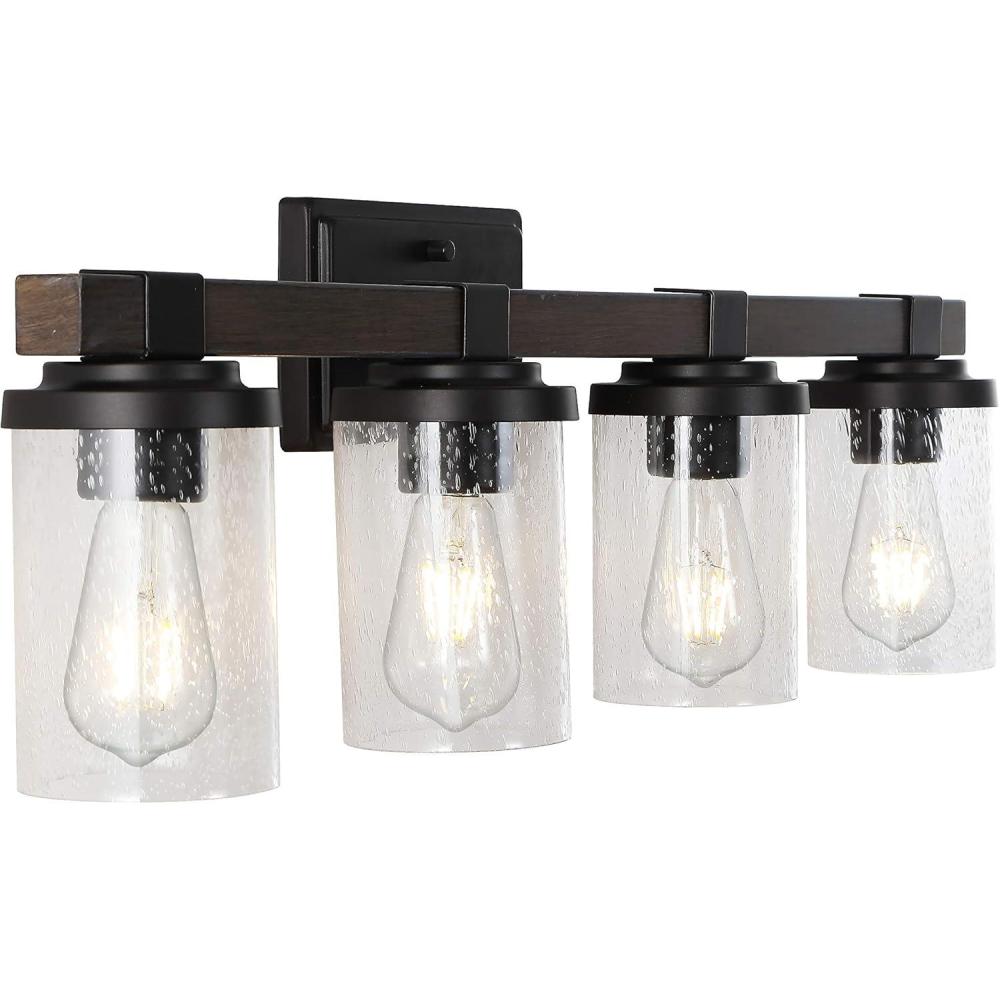 imageJONATHAN Y JYL7510A Bungalow 32quot 4Light IronSeeded Glass Rustic Farmhouse LED Vanity Light Oil Rubbed Bronze Cottage 2700K LED 4W Bulbs for Bedroom Livingroom Bathroom Hallway Oil Rubbed Bronze4 Bulb