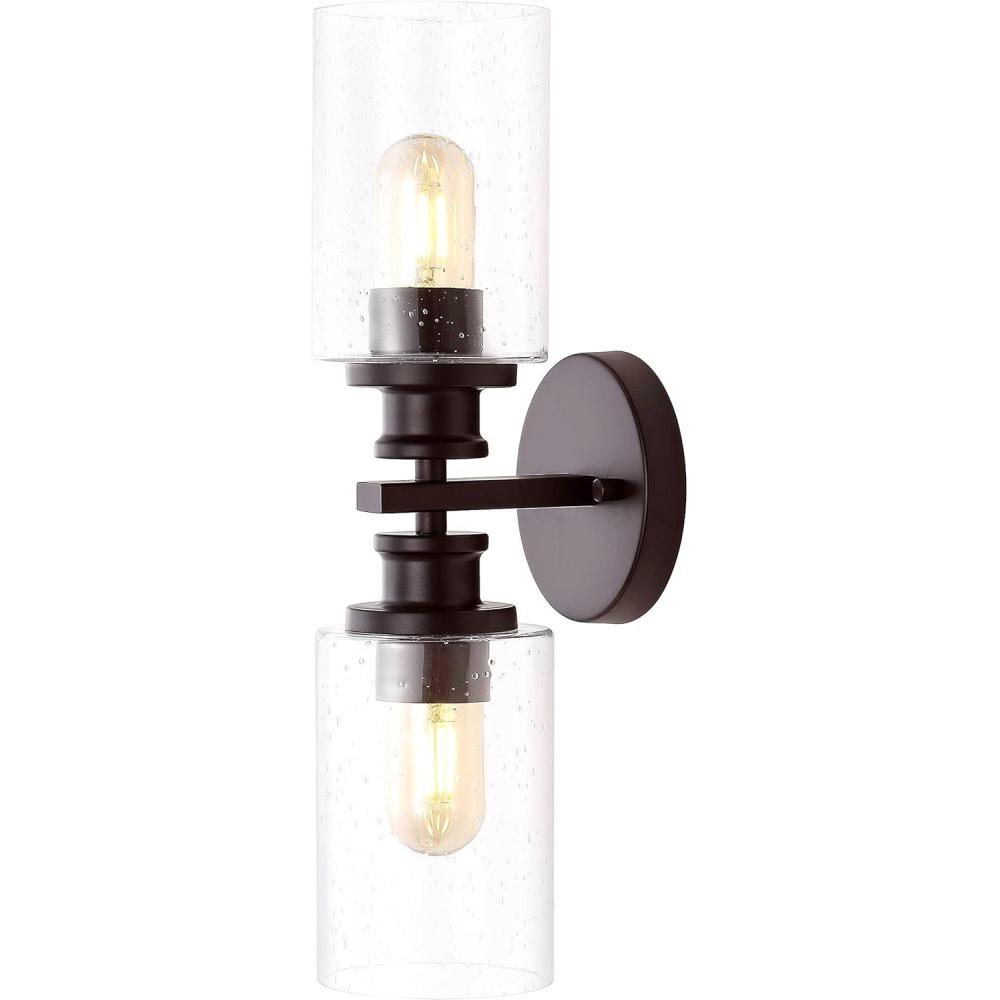 imageJONATHAN Y JYL7577C Jules Edison 165quot Cylinder 2Light IronSeeded Glass Farmhouse Contemporary LED Vanity Rustic Modern Bohemian 2700K 4W Bulbs for Kitchen Bathroom Bedroom Living Room NickelOilRubbed Bronze