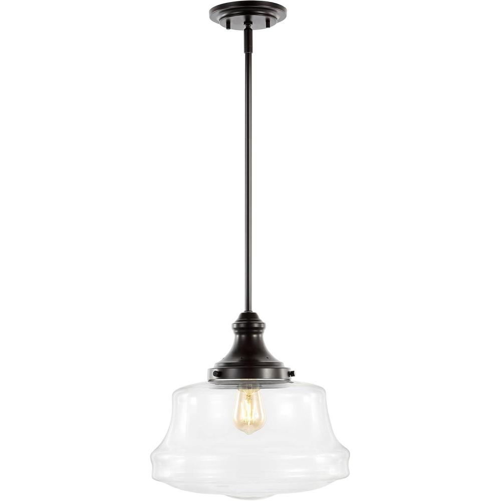 imageJONATHAN Y JYL7585A Schoolhouse 14quot 1Light Bohemian Farmhouse IronGlass LED Pendant Modern Contemporary Adjustable Dining Room Living Room Kitchen Island Foyer Bedroom Oil Rubbed BronzeClear