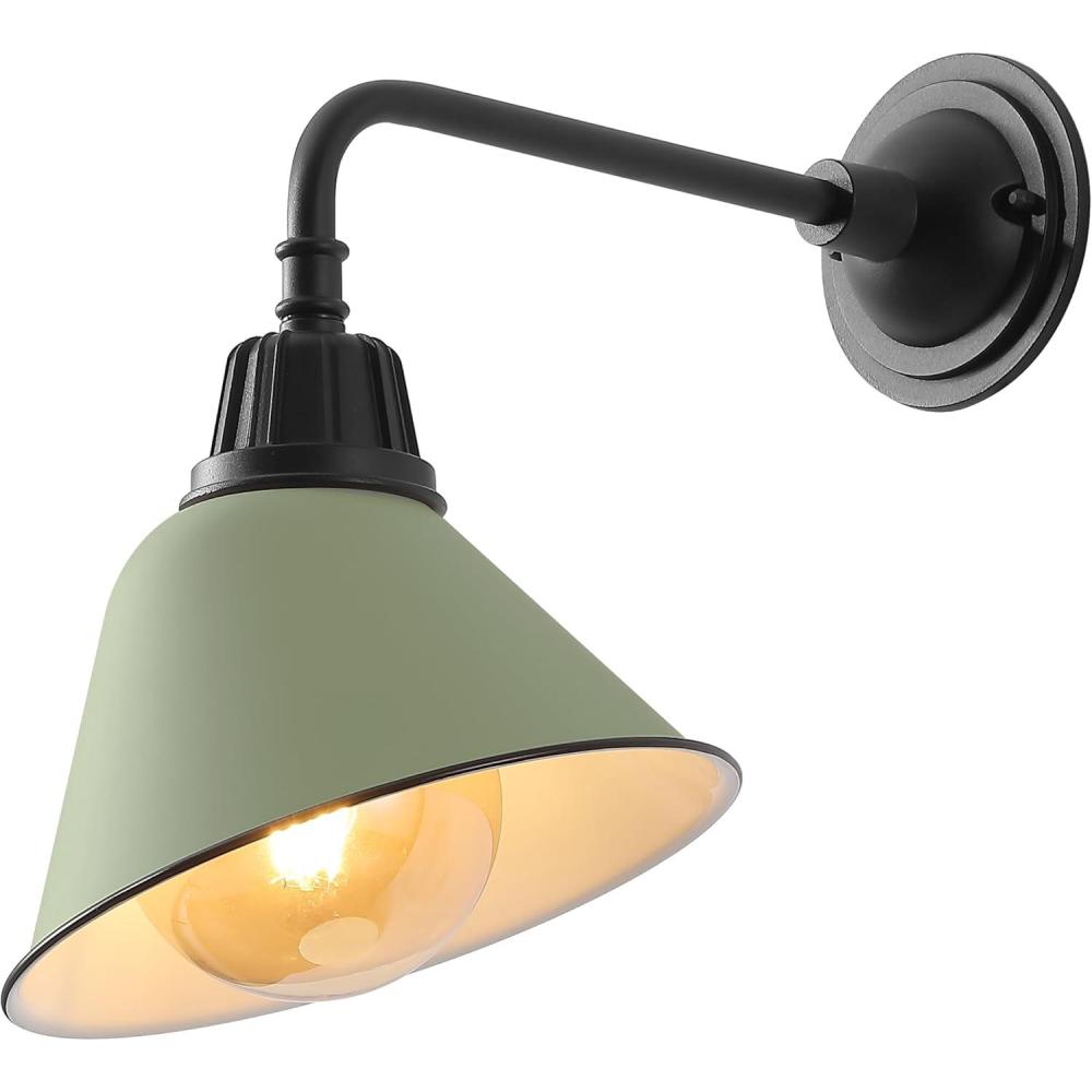 imageJONATHAN Y JYL7612G Croydon 963quot 1Light Farmhouse Industrial IndoorOutdoor Iron LED Gooseneck Arm Outdoor Sconce Metal Bell Shade Vintage Cottage Rustic Porch Patio Yard Barn Wood FinishCopperMatte Olive GreenBlack