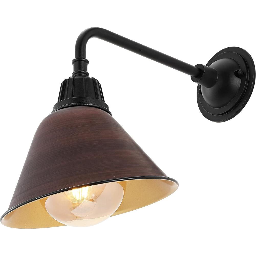 imageJONATHAN Y JYL7612G Croydon 963quot 1Light Farmhouse Industrial IndoorOutdoor Iron LED Gooseneck Arm Outdoor Sconce Metal Bell Shade Vintage Cottage Rustic Porch Patio Yard Barn Wood FinishCopperWood FinishBlack
