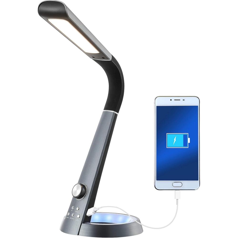imageJONATHAN Y JYL7700B Milton 19quot Aluminum Contemporary Farmhouse Minimalist Adjustable Head Dimmable USB Charging LED Task Lamp for Bedroom Living Room Office SilverBlack