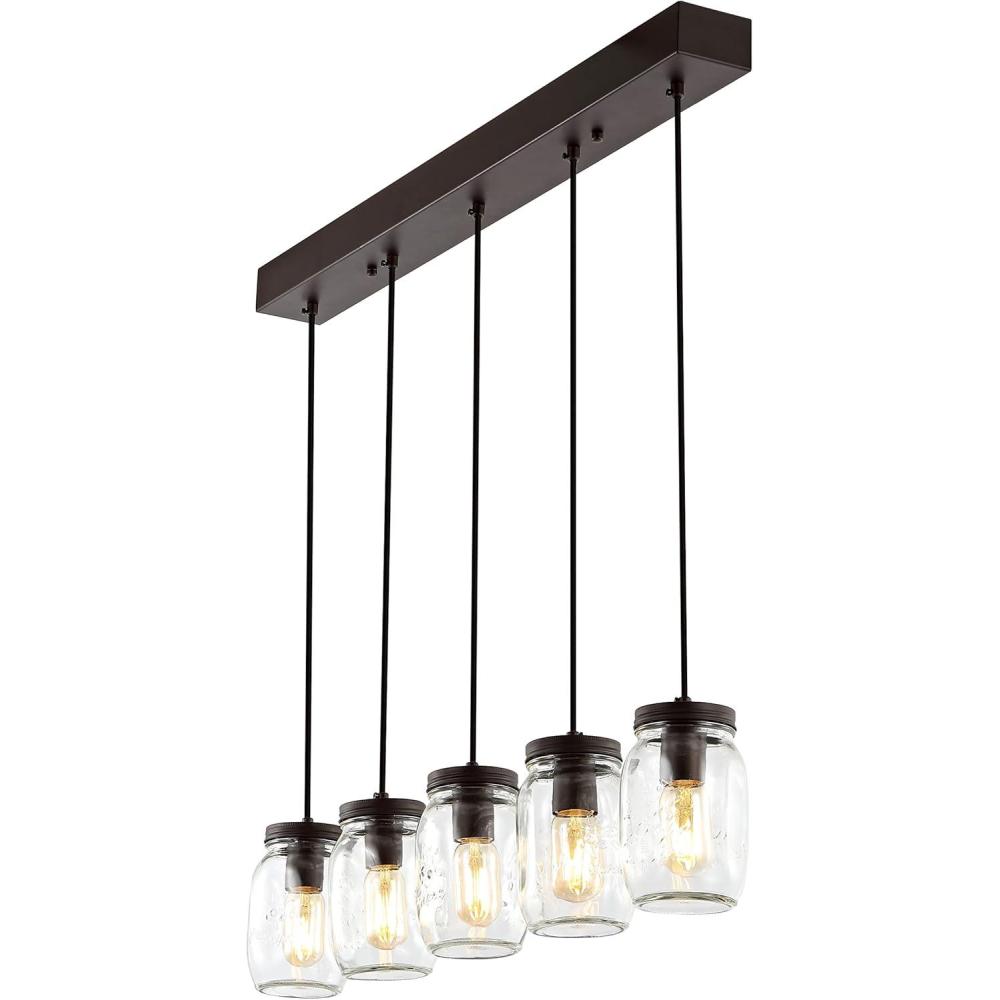 imageJONATHAN Y JYL7800A Gaines 55quot 1Light Farmhouse Industrial Iron Mason Jar LED Pendant Rustic Bohemian Adjustable Dining Room Living Room Kitchen Island Foyer Bedroom Hallway Oil Rubbed BronzeClear5Light
