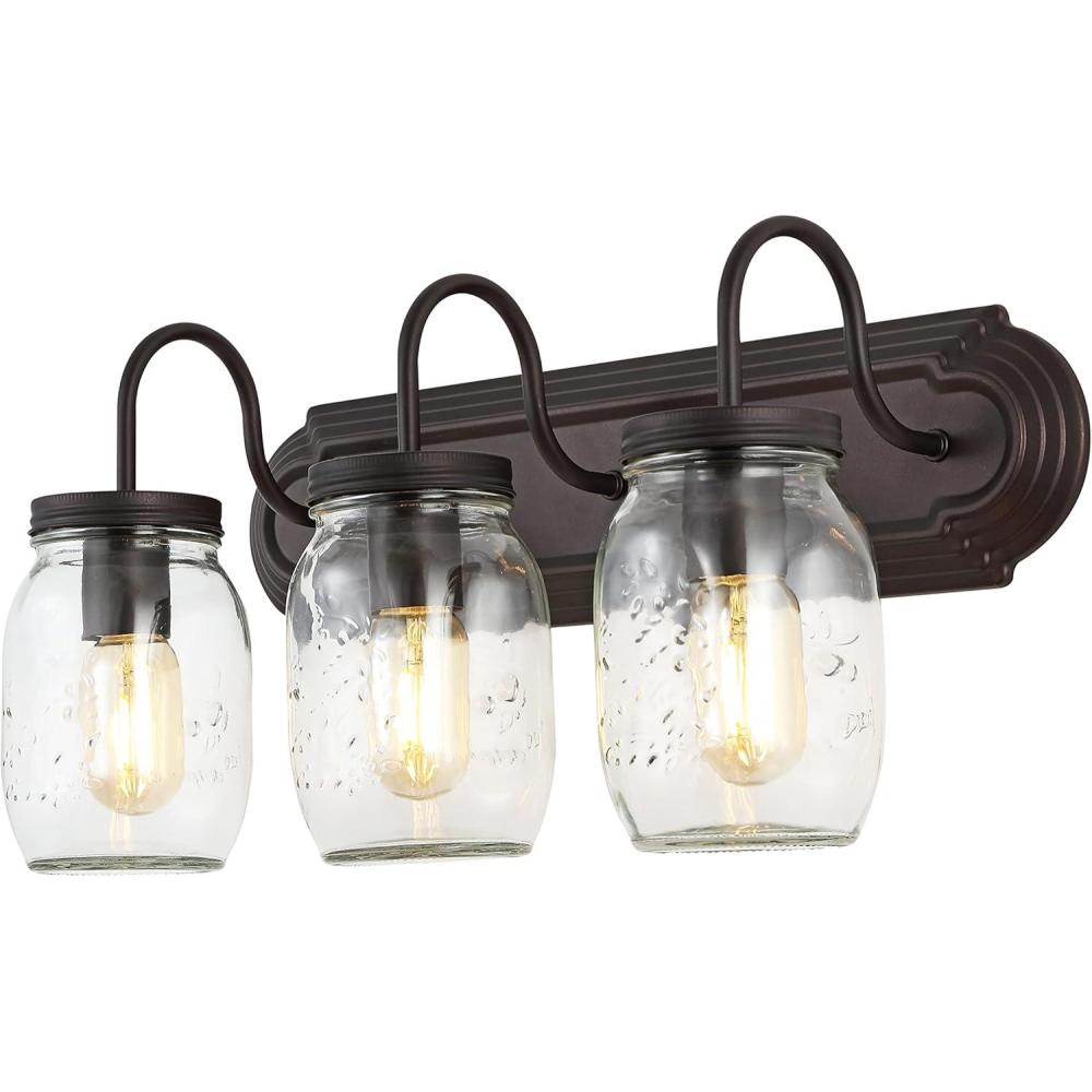 imageJONATHAN Y JYL7801A Gaines 3 Light Farmhouse Industrial Iron Mason Jar LED Vanity Rustic Transitional 2700K Light for Bathroom Hallway Living Room Bedroom Mirror Cabinet Oil Rubbed Bronze 193 in