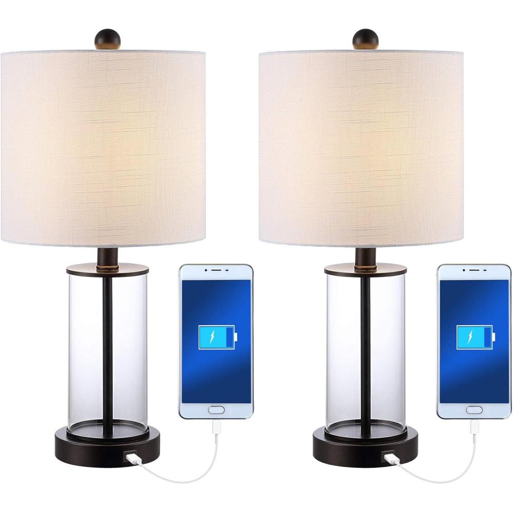 imageJONATHAN Y JYL8500ASET2 Abner 21quot Glass Modern Contemporary USB Charging LED Table Lamp Glam Bedside Desk Nightstand Lamp for Bedroom Living Room Office College Oil Rubbed BronzeClear Set of 2