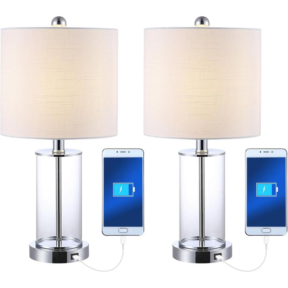 imageJONATHAN Y JYL8500CSET2 Set of 2 Table Lamps Abner 21quot Glass Modern Contemporary USB Charging LED Table Lamp Bedside Desk Nightstand Lamp for Bedroom Living Room Office College ChromeClearChromeClear