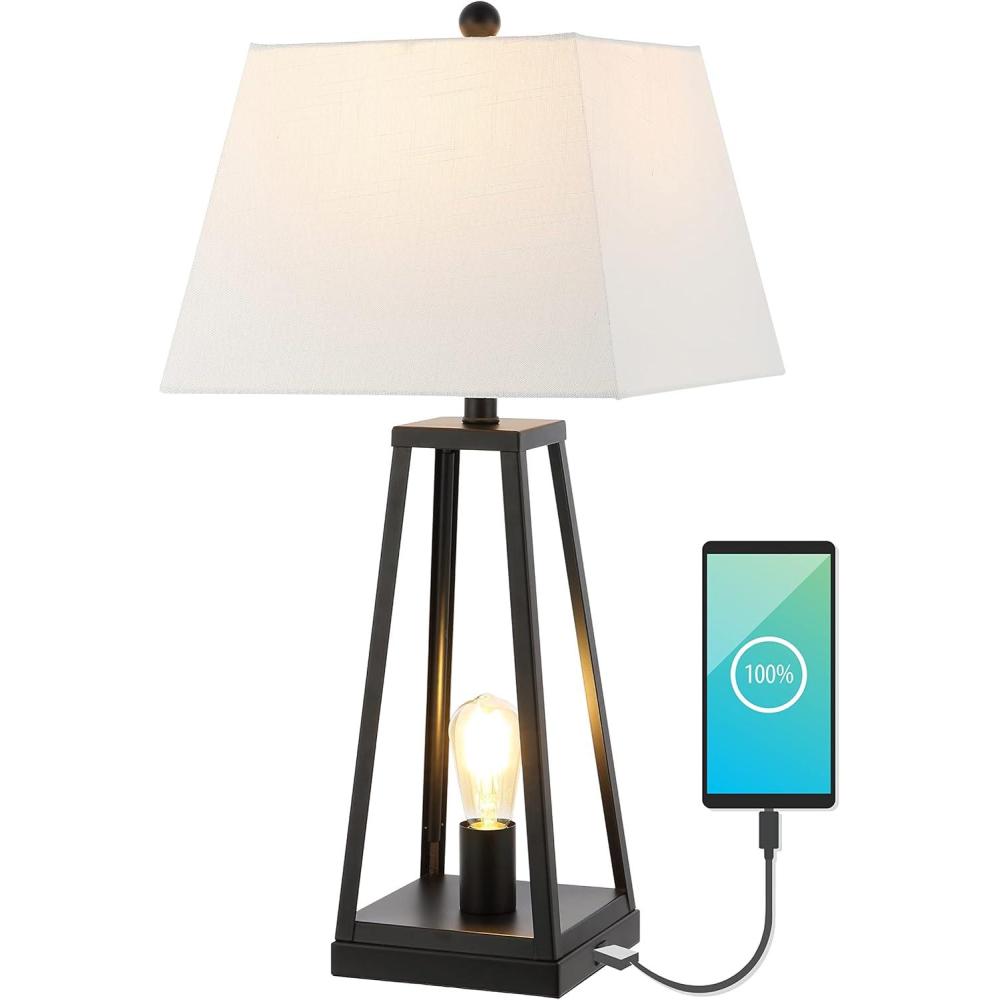 imageJONATHAN Y JYL8503A Waylon 285quot Classic Industrial Iron Nightlight LED Table Lamp with USB Charging Port Modern Contemporary Bedside Desk Nightstand Lamp for Bedroom Living Room Black