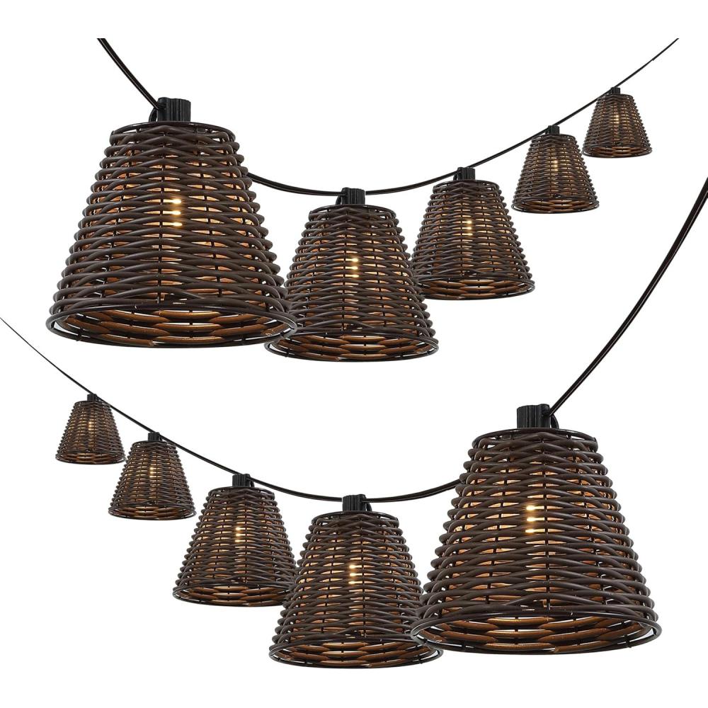 imageJONATHAN Y JYL8706A Payton 10Light IndoorOutdoor 10 ft Classic Cottage FauxRattan Shaded LED String Lights Brown for Patio Porch Backyard CafDark Brown