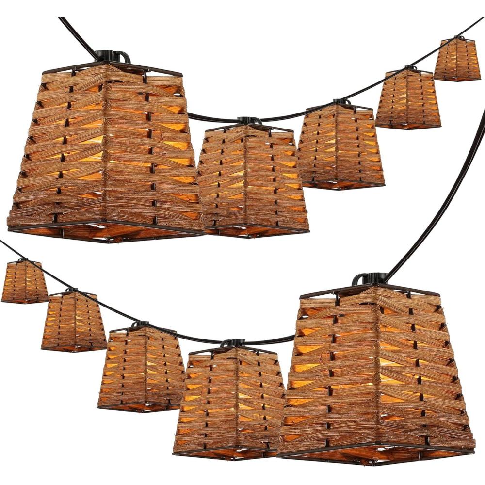 imageJONATHAN Y JYL8707A Quinn 10Light IndoorOutdoor 10 ft Classic Vintage Square Bamboo Shaded LED String Lights Brown for Patio Porch Backyard Caf