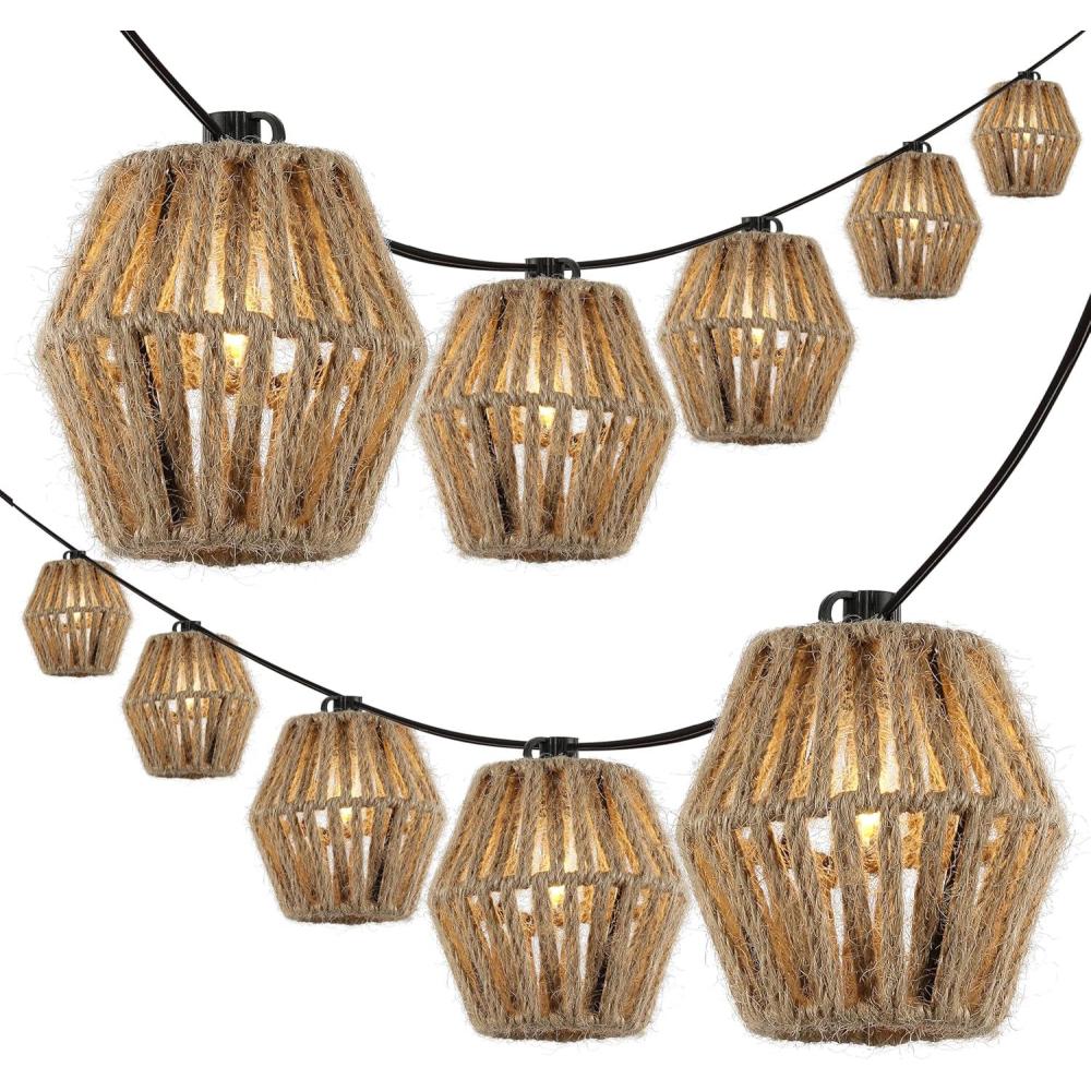 imageJONATHAN Y JYL8708A Samara 10Light IndoorOutdoor 10 ft MidCentury Classic Lantern Hemp Rope Shaded LED String Lights Brown for Patio Porch Backyard Caf