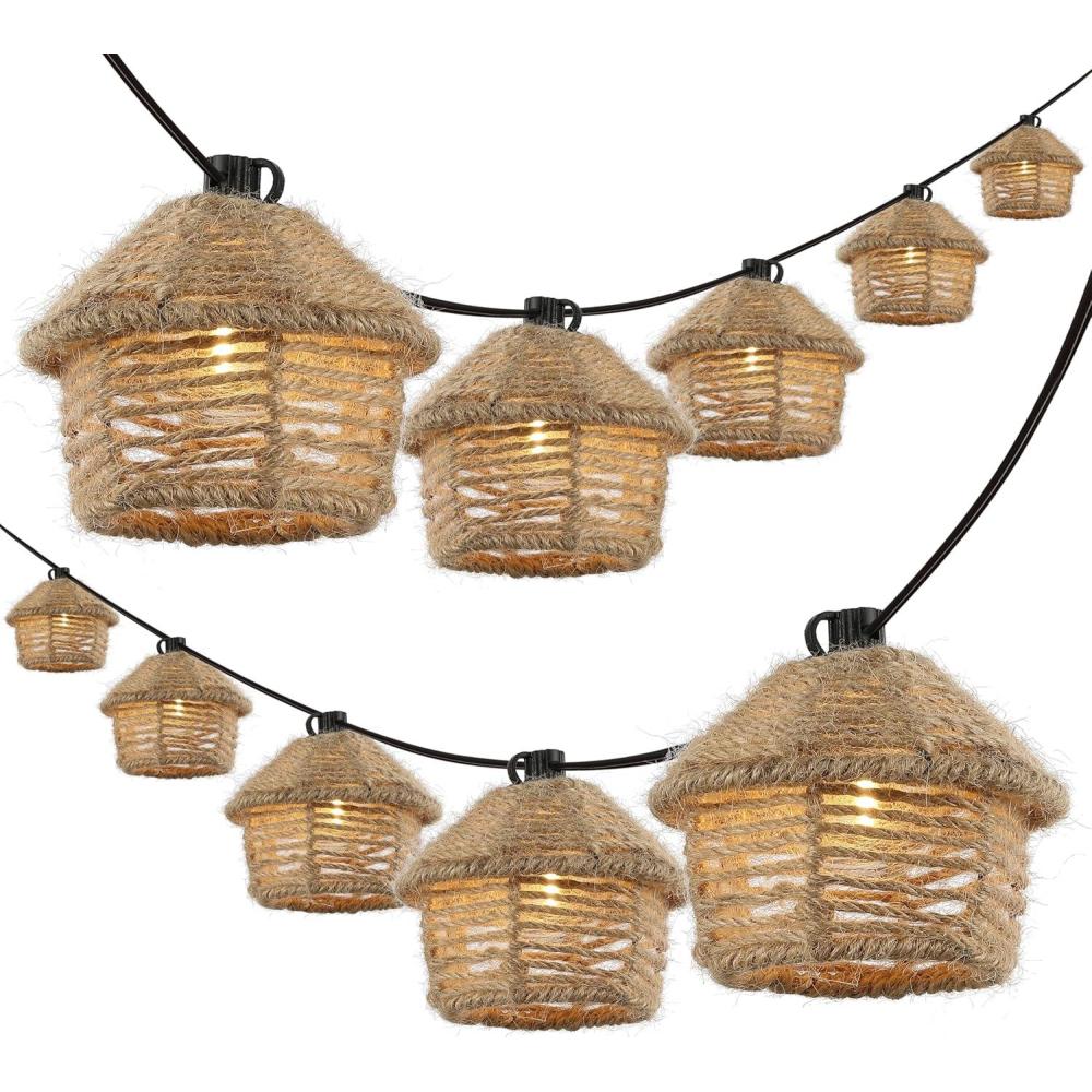 imageJONATHAN Y JYL8709A Maui 10Light IndoorOutdoor 10 ft MidCentury Vintage Tiki Hut Hemp Rope Shaded LED String Lights Brown for Patio Porch Backyard Caf