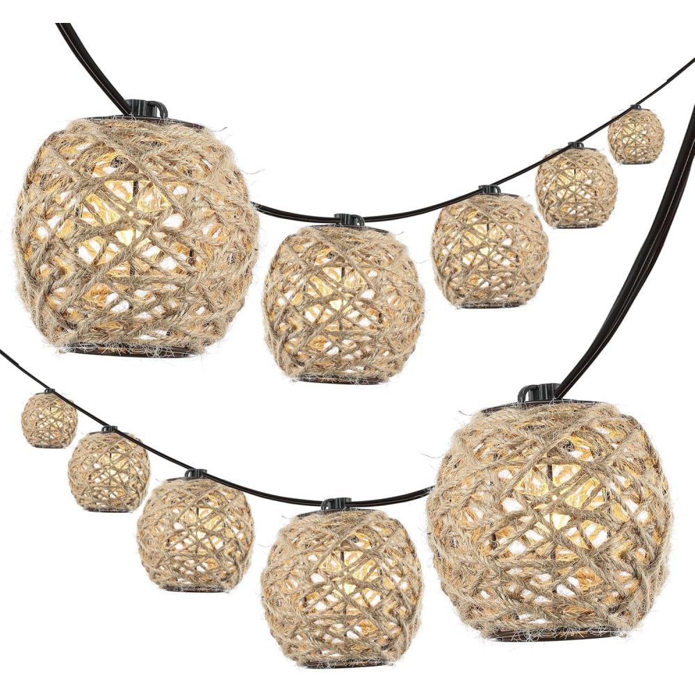 imageJONATHAN Y JYL8710A Oahu 10Light IndoorOutdoor 10 ft Rustic Coastal Globe Hemp Rope Shaded LED String Lights Light Brown for Patio Porch Backyard Caf