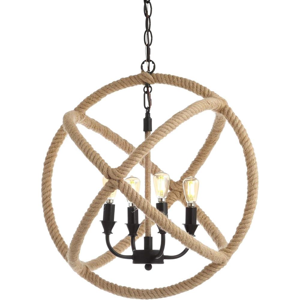 imageJONATHAN Y JYL9041A Soka 4Light 20quot Adjustable Globe MetalRope LED Pendant Farmhouse Coastal Bohemian Cottage Industrial Rustic Transitional Dining Room Kitchen Foyer BlackBrown