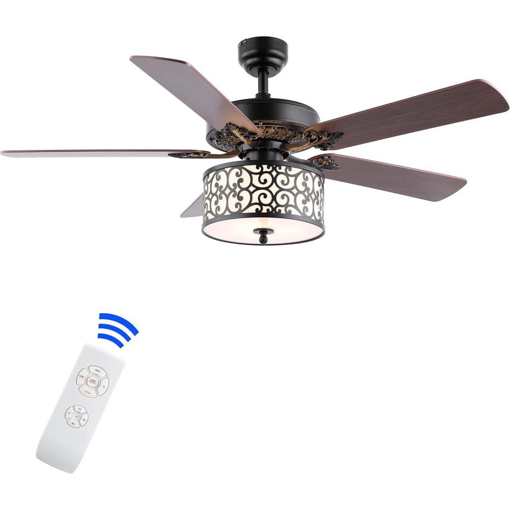imageJONATHAN Y JYL9612A Paolo Farmhouse Industrial Iron Scroll Drum Shade LED Ceiling Fan with Remote for Bedroom Living Room Dining Room 52quot 3 Light Black