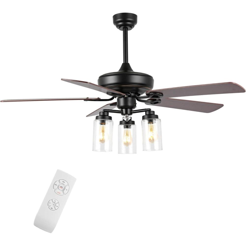 imageJONATHAN Y JYL9614A Lucas 52quot 3Light Rustic Industrial IronWoodSeeded Glass MobileAppRemoteControl LED Ceiling Fan Farmhouse Modern for Bedroom Dining Room Living Room Kitchen BlackClear
