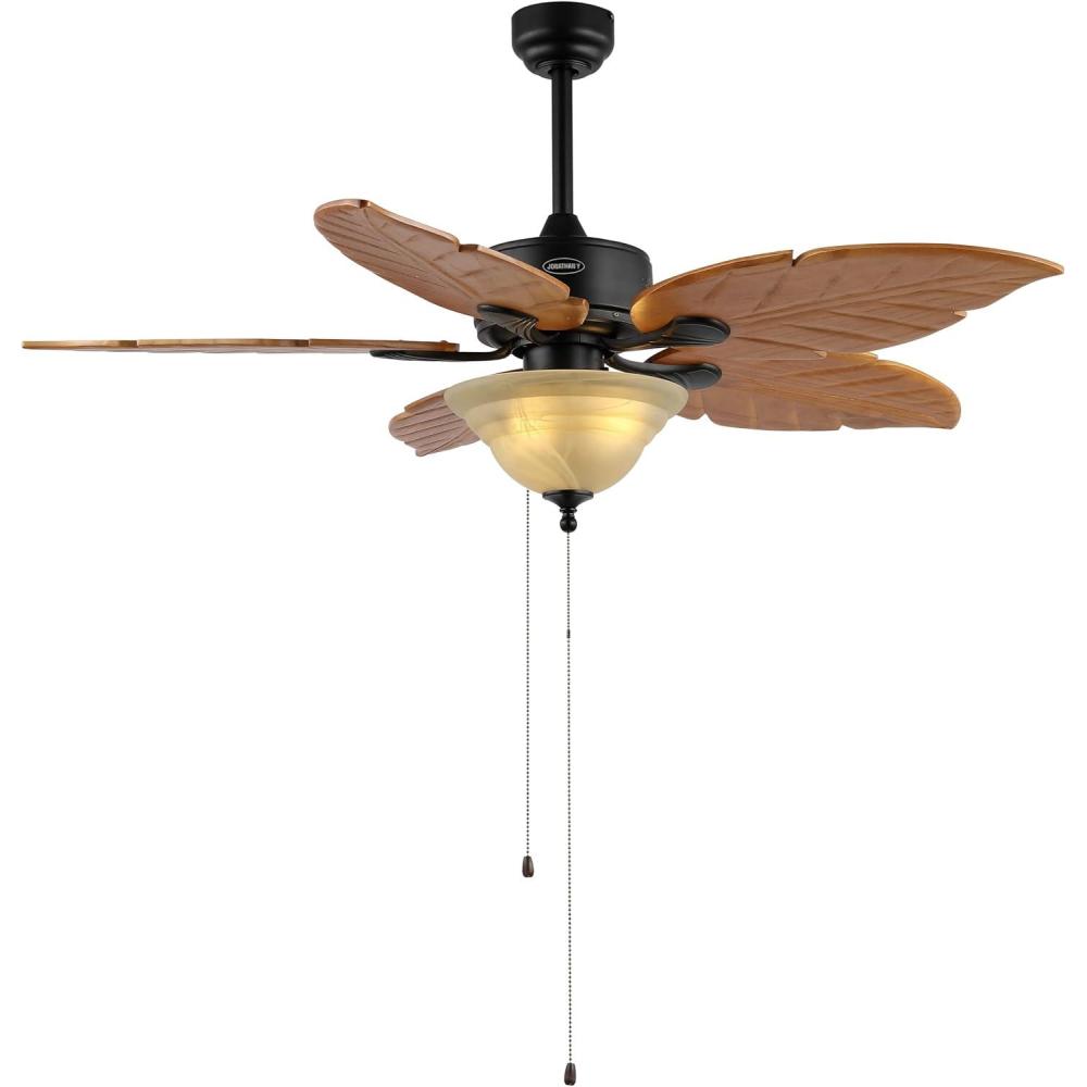 imageJONATHAN Y JYL9720B Poinciana 52quot 3Light Coastal Bohemian IronWood Palm Leaf LED Ceiling Fan with Pull Chain Rustic Eclectic Transitional Office Living Room Dining Room Bedroom Dark BrownLight Brown