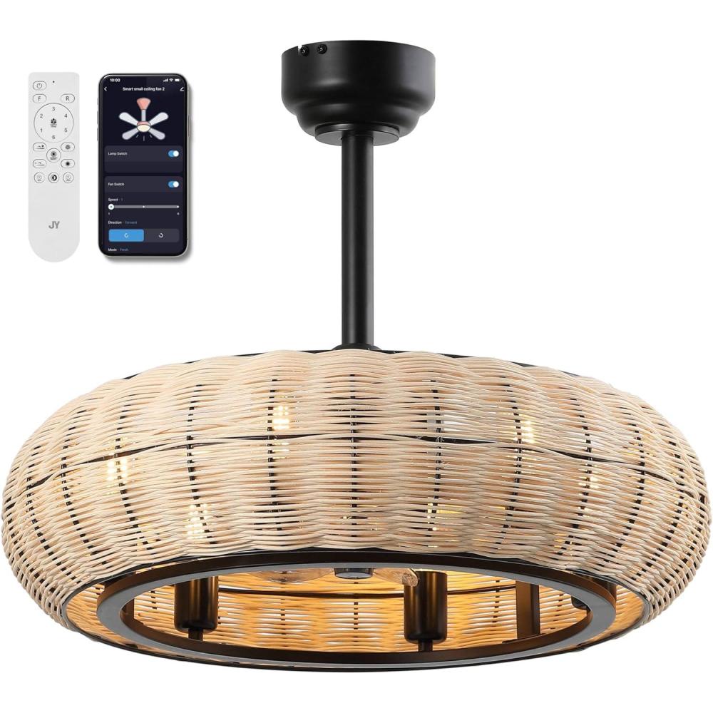imageJONATHAN Y JYL9728A Cassidy 23quot 6Light Modern Bohemian 6Speed MetalRattan MobileAppRemoteControlled HeightAdjustable Lantern LED Ceiling Fan Dark BrownBlack for Living Room Dining RoomLight BrownBlack