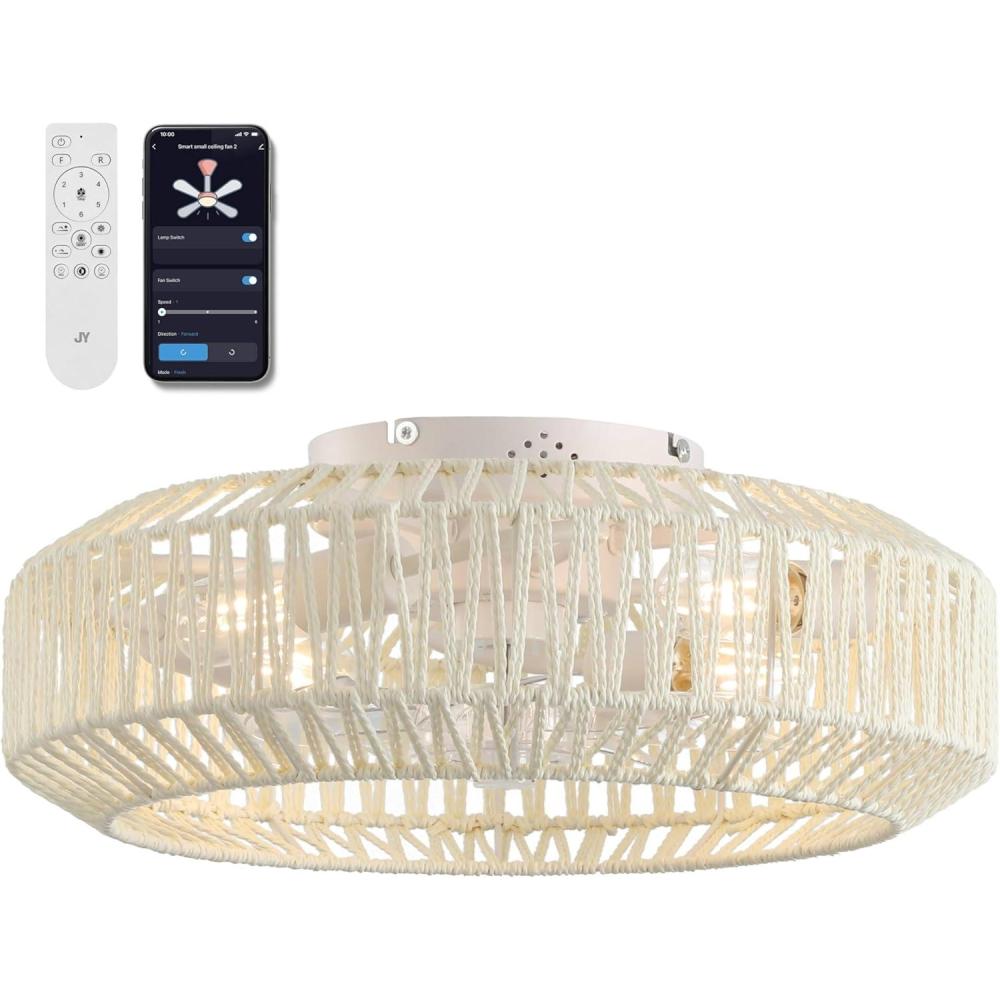 imageJONATHAN Y JYL9730B Rowan 195quot 4Light Modern Bohemian 6Speed MetalRattan MobileAppRemoteControlled Lantern LED Ceiling Fan CreamWhite for Living Room Dining RoomCreamWhite