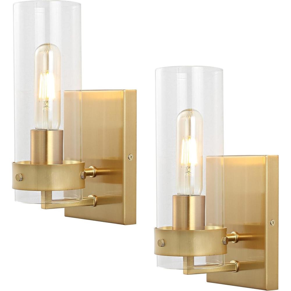 imageJONATHAN Y JYL9909BSET2 Harper 45quot 1Light Modern Farmhouse IronGlass LED Sconce Contemporary Midcentury Entryway Lobby Kitchen Bathroom Bedroom Living Room Oil Rubbed BronzeClear Set of 2Brass Gold