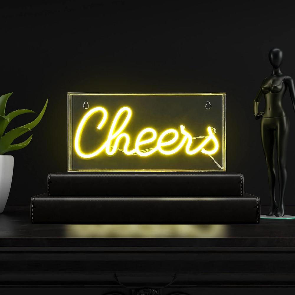 imageJONATHAN Y NEN1000A Cheers 118quot Contemporary Glam Acrylic Box USB Operated LED Neon Light Yellow Plug in Wall Light for Bedroom Wall Dcor Kids Bedroom Party Supplier