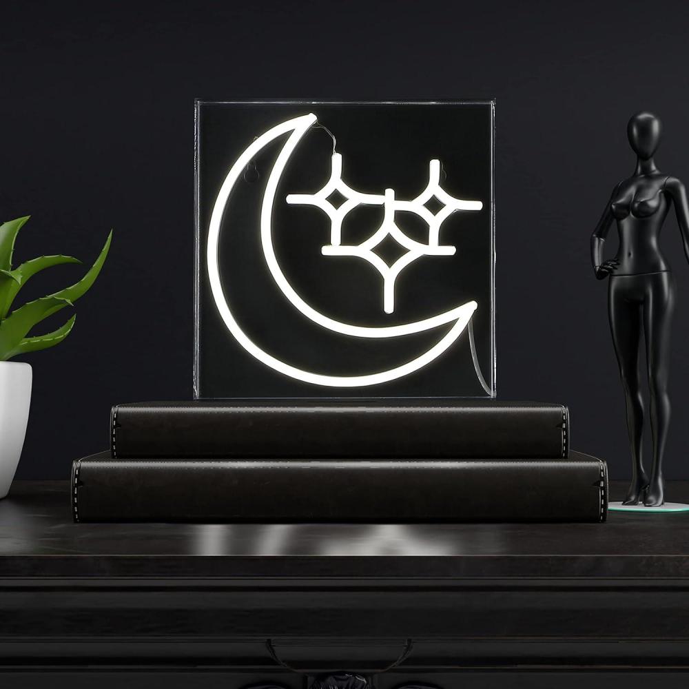 imageJONATHAN Y NEN1034A Starry Crescent 10quot Square Contemporary Glam Acrylic Box USB Operated LED Neon Light White