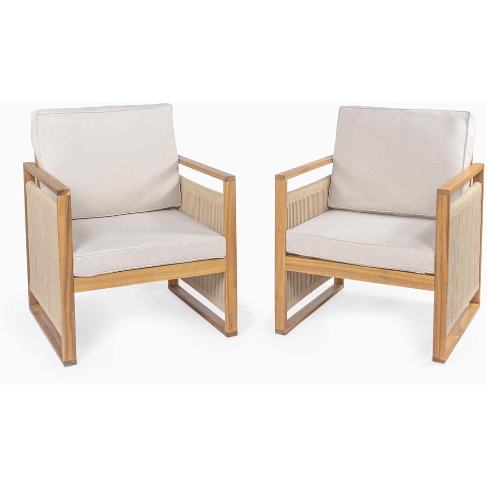 imageJONATHAN Y SFC1000BSET2 Gable MidCentury Modern Roped Acacia Wood Outdoor Patio Chair with Cushions Scandinavian Classic Transitional Industrial Bohemian GrayTeak Brown Set of 2BeigeLight Teak