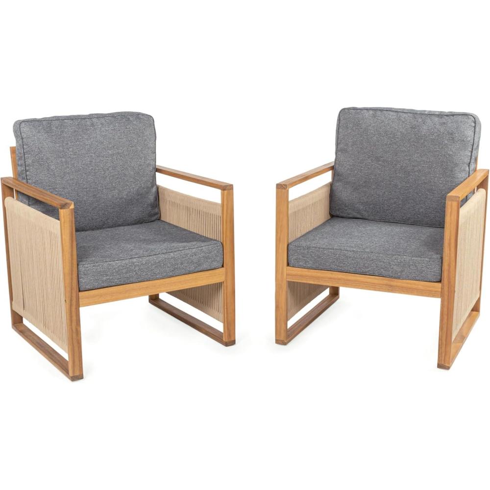 imageJONATHAN Y SFC1000BSET2 Gable MidCentury Modern Roped Acacia Wood Outdoor Patio Chair with Cushions Scandinavian Classic Transitional Industrial Bohemian GrayTeak Brown Set of 2GrayTeak Brown