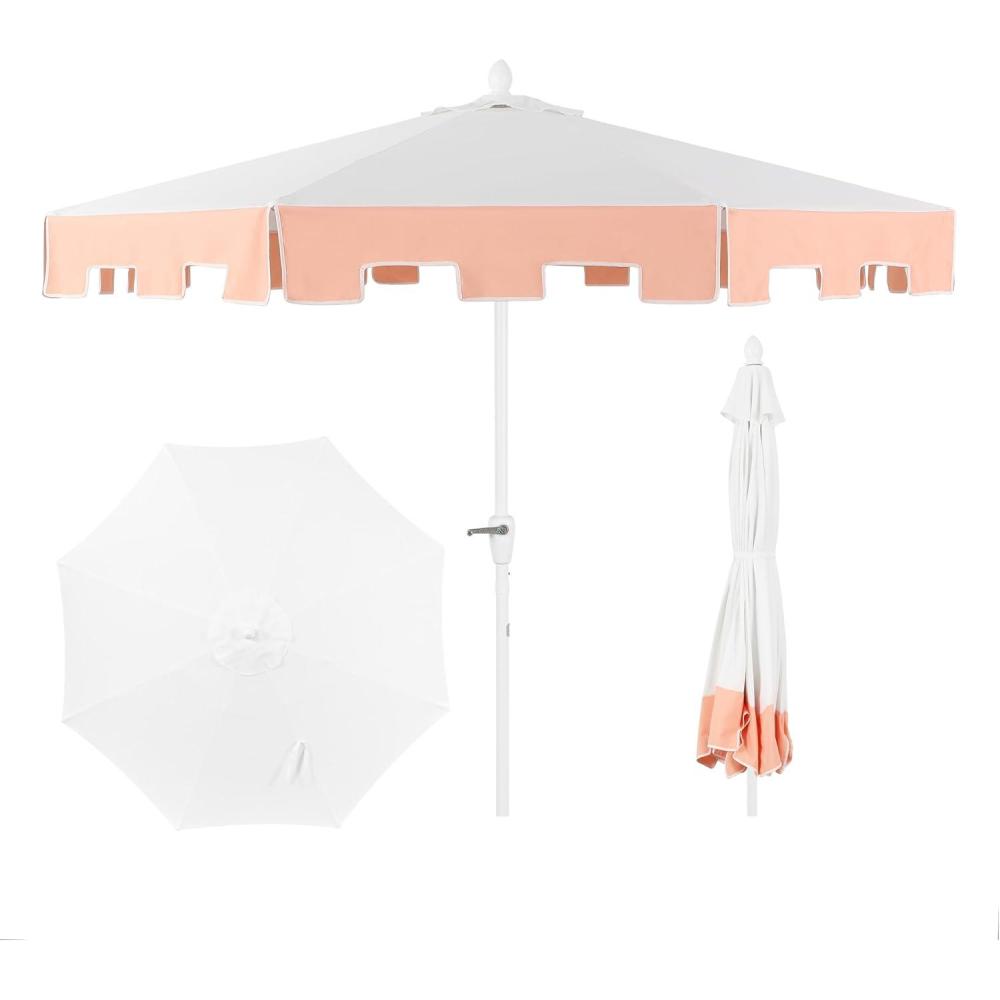 imageJONATHAN Y UMB1000C Baiona 9 ft Classic MidCentury Market Patio Umbrella with UV Protection AutoTilt Crank and Wind Vent in WhiteCoral PinkWhiteCoral Pink