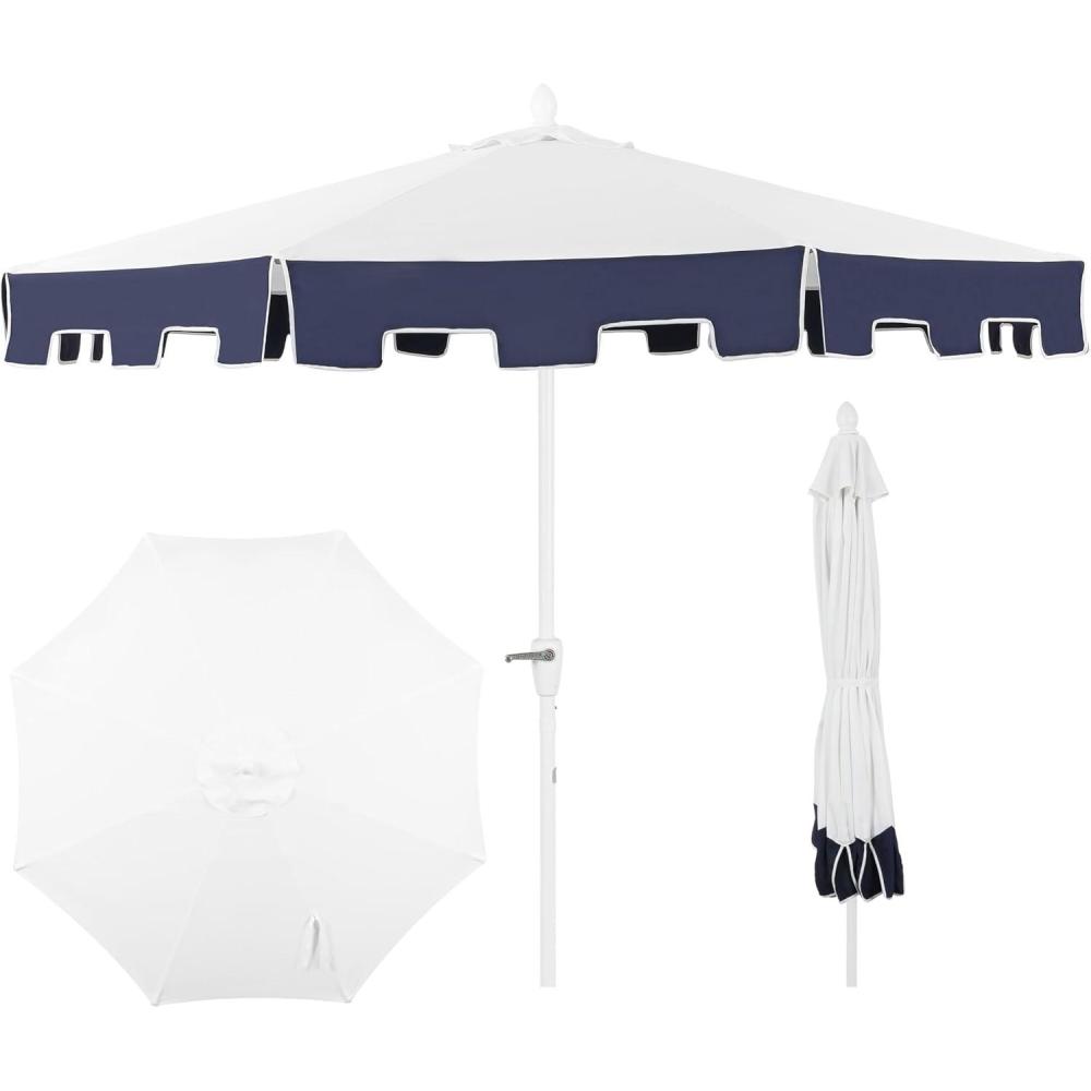 imageJONATHAN Y UMB1000C Baiona 9 ft Classic MidCentury Market Patio Umbrella with UV Protection AutoTilt Crank and Wind Vent in WhiteCoral PinkWhiteNavy