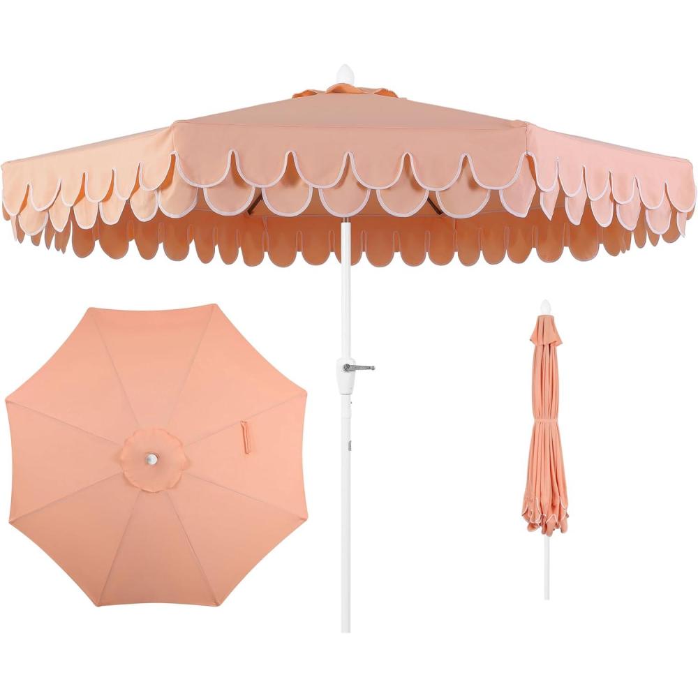 imageJONATHAN Y UMB1002F Tracy 9 ft Classic MidCentury Scalloped Fringe Market Patio Umbrella with AutoTilt Crank Wind Vent and UV Protection in Coral RedWhite White PoleCoral Pink White Pole