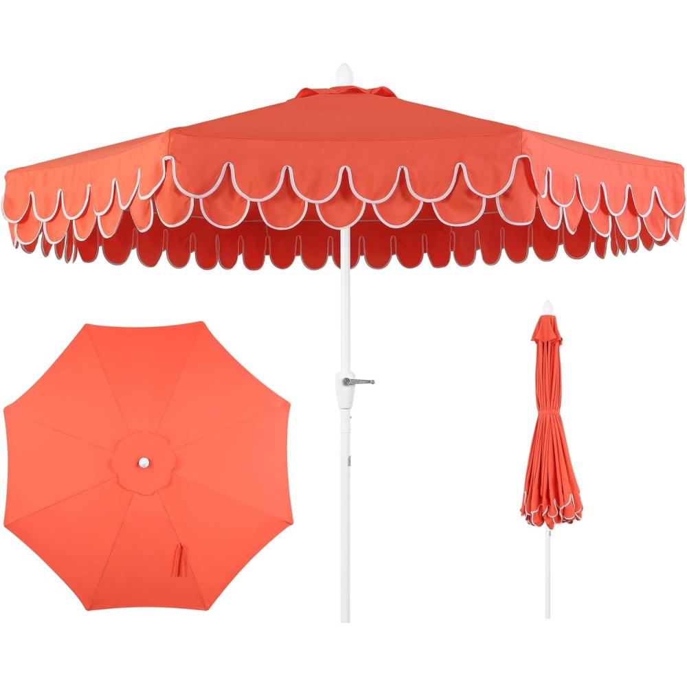imageJONATHAN Y UMB1002F Tracy 9 ft Classic MidCentury Scalloped Fringe Market Patio Umbrella with AutoTilt Crank Wind Vent and UV Protection in Coral RedWhite White PoleCoral Red White Pole