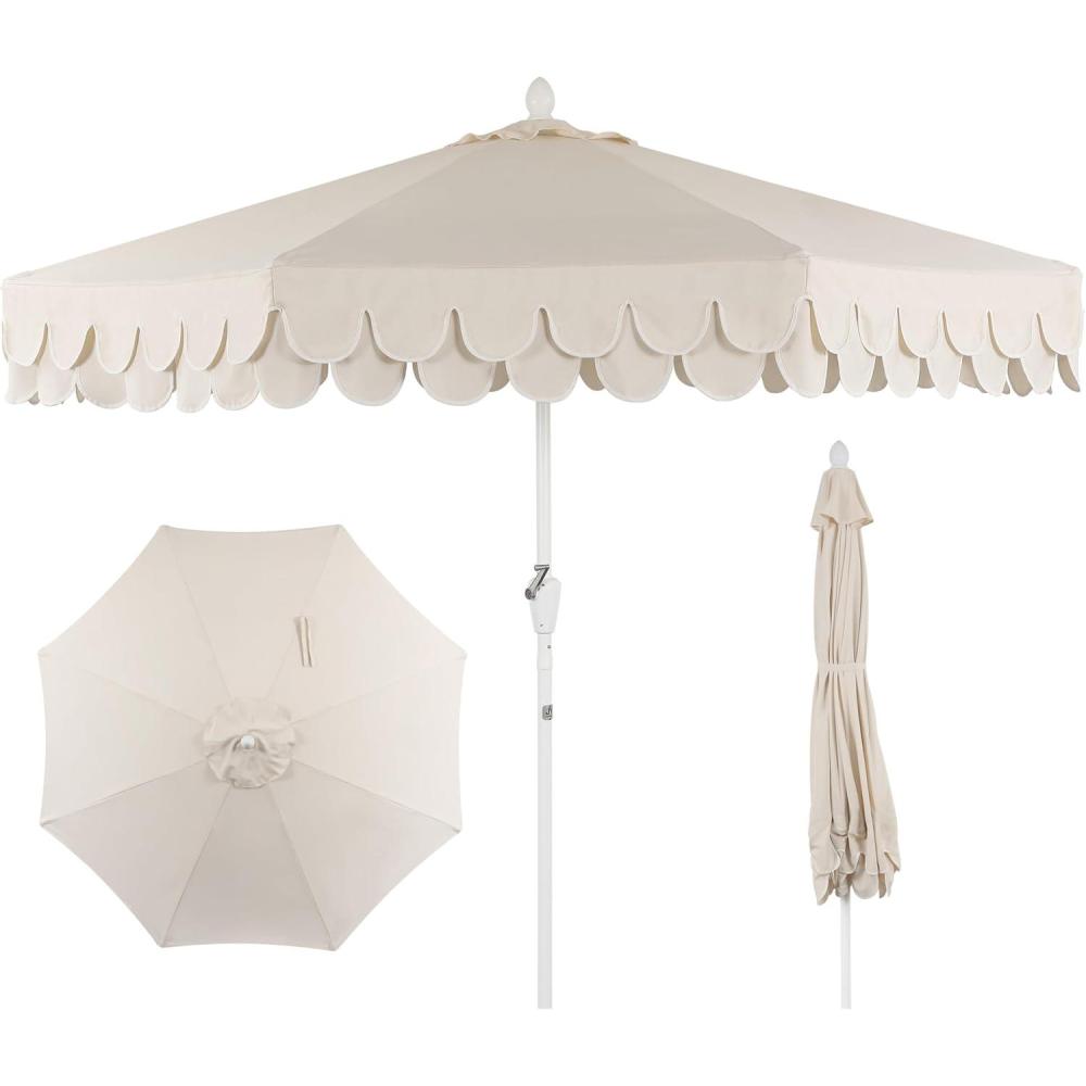 imageJONATHAN Y UMB1002F Tracy 9 ft Classic MidCentury Scalloped Fringe Market Patio Umbrella with AutoTilt Crank Wind Vent and UV Protection in Coral RedWhite White PoleCream