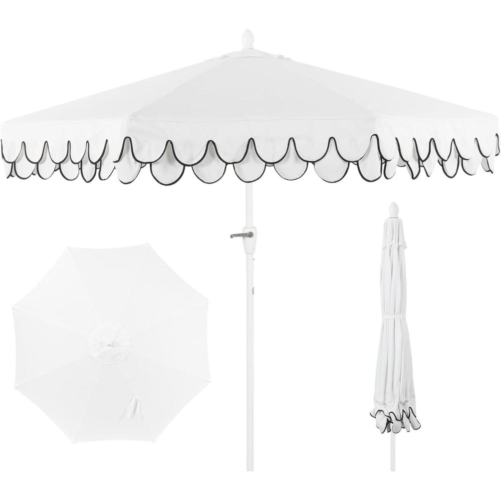 imageJONATHAN Y UMB1002F Tracy 9 ft Classic MidCentury Scalloped Fringe Market Patio Umbrella with AutoTilt Crank Wind Vent and UV Protection in Coral RedWhite White PoleWhite