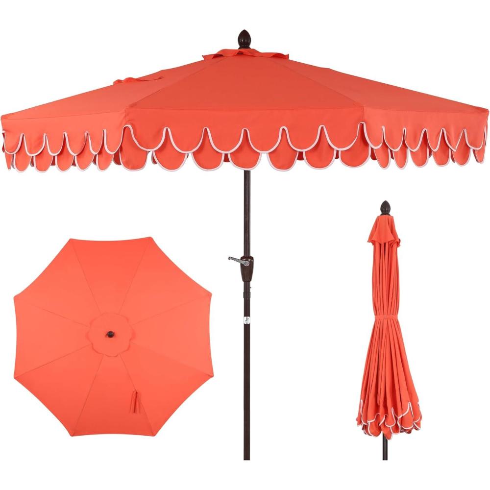 imageJONATHAN Y UMB1002F Tracy 9 ft Classic MidCentury Scalloped Fringe Market Patio Umbrella with AutoTilt Crank Wind Vent and UV Protection in Coral RedWhite White PoleCoral Red