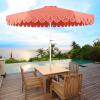 JONATHAN Y UMB1002F Tracy 9 ft. Classic MidCentury Scalloped Fringe Market Patio Umbrella with Auto-Tilt Crank, Wind Vent and UV Protection in Coral Red/White, White Pole(Coral Red – White Pole)