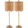 JONATHAN Y JYL1138B-SET2 Celerie 27.5″ Coastal Bohemian Rattan/Iron Scalloped Buffet LED Table Lamp with Pull Chain Bedroom, Living Room, Office, Dining Room, White/Brass Gold (Set of 2)(Natural/Brass Gold)