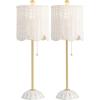 JONATHAN Y JYL1138B-SET2 Celerie 27.5″ Coastal Bohemian Rattan/Iron Scalloped Buffet LED Table Lamp with Pull Chain Bedroom, Living Room, Office, Dining Room, White/Brass Gold (Set of 2)(White/Brass Gold)