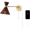 JONATHAN Y JYL1603A Lily 25″ 1-Light Mid-Century Vintage Retro Rattan/Metal USB Charging Swing Arm LED Sconce with Pull Chain, for Bedroom, Living Room, Kitchen, Office, Light Brown/Brass Gold(Dark Brown/Brass Gold)