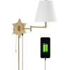 JONATHAN Y JYL6014B David 18.5″ 1-Light Modern French Country Swing Arm Plug-in or Hardwired Iron LED Star Wall Sconce with Pull-Chain and USB Charging Port, Brass Gold(Brass Gold)