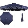 JONATHAN Y UMB1002F Tracy 9 ft. Classic MidCentury Scalloped Fringe Market Patio Umbrella with Auto-Tilt Crank, Wind Vent and UV Protection in Coral Red/White, White Pole(Navy – White Pole)